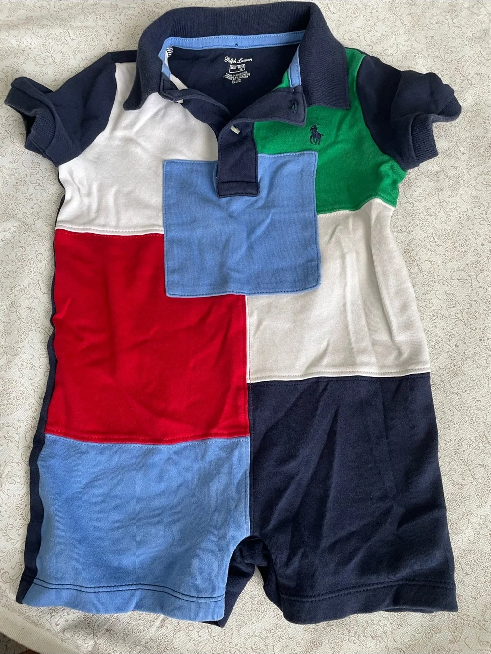 Ralph Lauren Polo Romper Kids 24M Patchwork Colorblock Short Sleeve Pony Logo